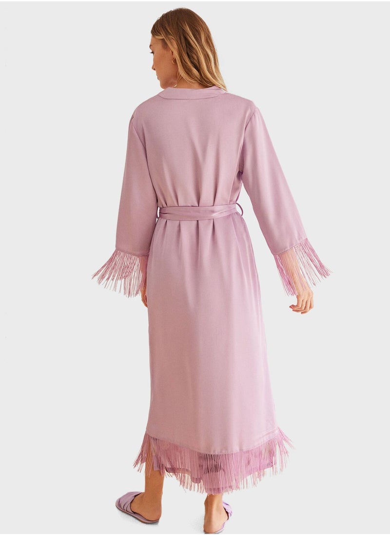 women'secret - Long Lilac Fringed Satin Robe - Image 1