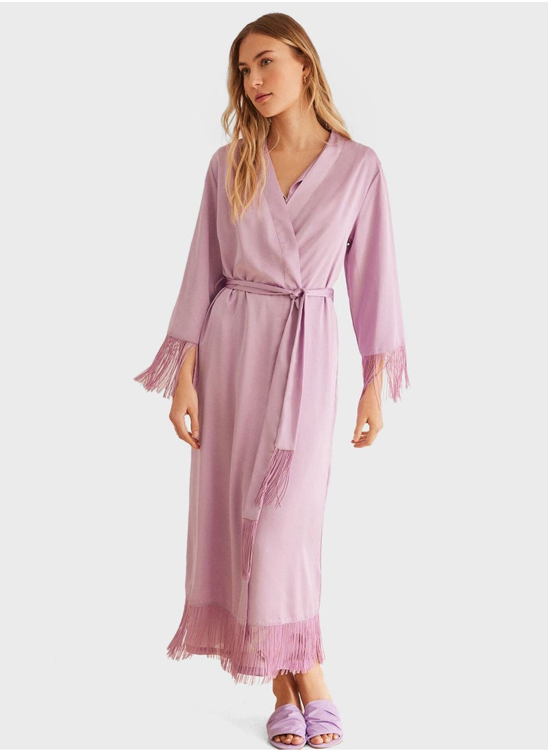 women'secret - Long Lilac Fringed Satin Robe - Image 1