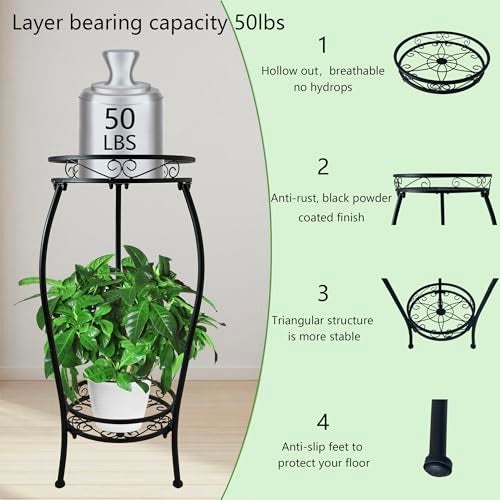 C CASIMR CASIMR 2 Tier Plant Stand Indoor Outdoor, 26.6" Tall Metal Potted Holder Rack Multiple Flower Pot Stand Heavy Duty Plant Shelf Rustproof Iron Plant Round Supports Rack - Image 2