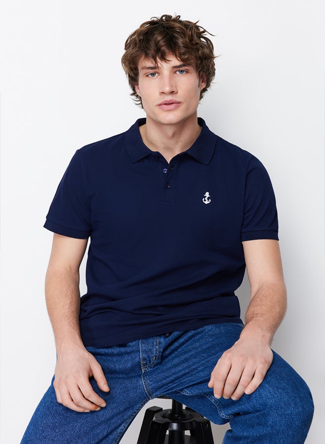 trendyol Navy Blue Regular/Normal Cut 100% Cotton Anchor Embroidered Polo Neck T-shirt - Image 4
