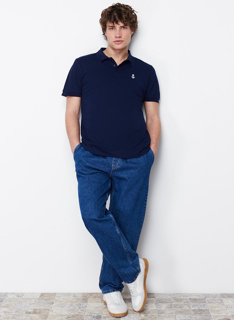 trendyol Navy Blue Regular/Normal Cut 100% Cotton Anchor Embroidered Polo Neck T-shirt - Image 3