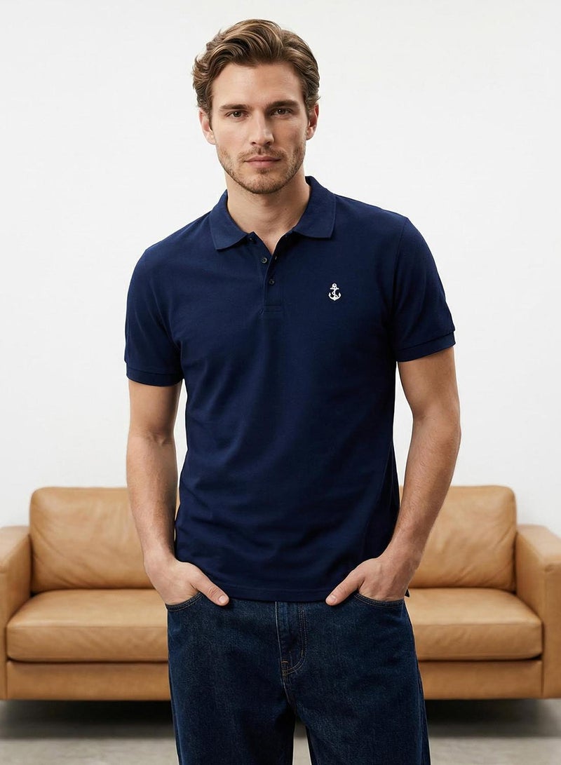 trendyol Navy Blue Regular/Normal Cut 100% Cotton Anchor Embroidered Polo Neck T-shirt - Image 1