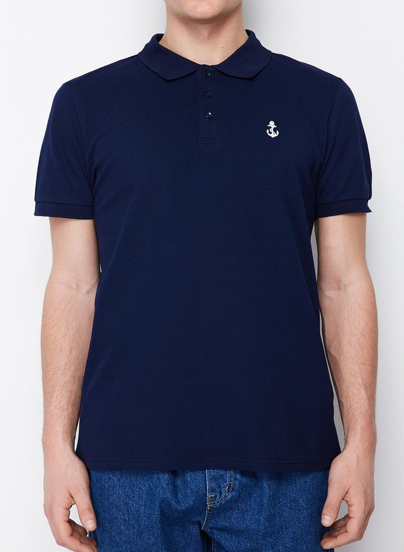 trendyol Navy Blue Regular/Normal Cut 100% Cotton Anchor Embroidered Polo Neck T-shirt - Image 5