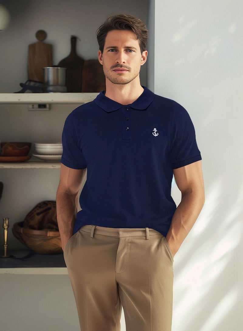 trendyol Navy Blue Regular/Normal Cut 100% Cotton Anchor Embroidered Polo Neck T-shirt - Image 2