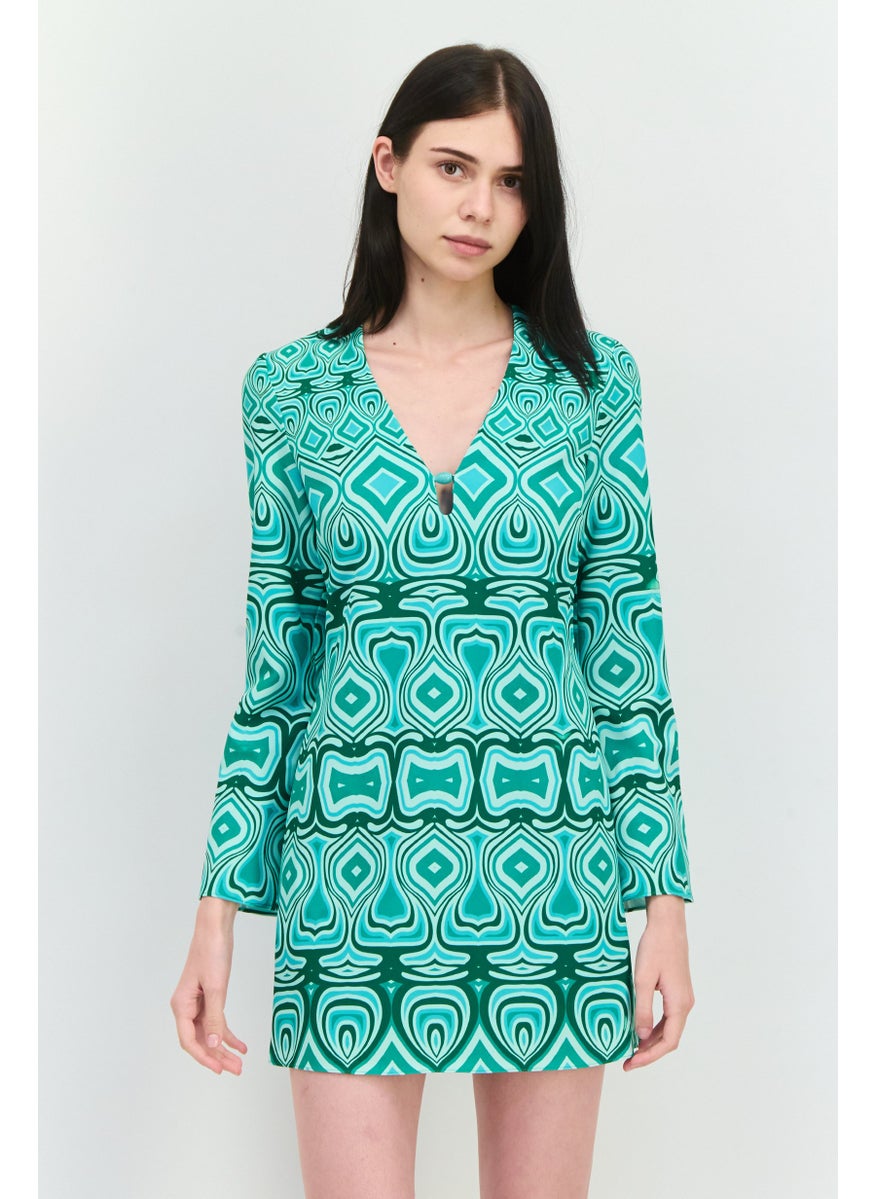 MANGO Women Abstract Print Mini Dress, Green Combo  - Image 1