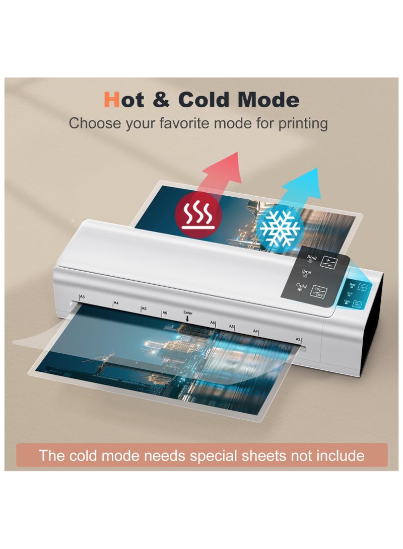 SYOSI Laminator, 13 Inch Lamination Machine for A3/A4/A5/A6, with 6 in 1 Personal Desktop Cold & Hot A3 Laminating Machine, 60s Warm-Up Jam-Free laminator Machine with 12 Pouches for Office, School (White) - Image 3