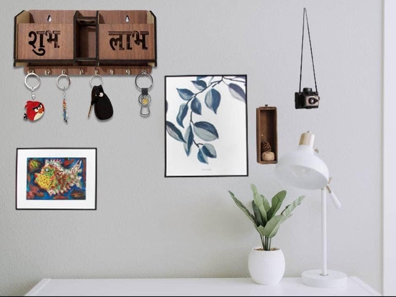BHUMI ART BHUMI ART Shubh Labh Key Holder Unique Designer 2 Pocket Pen and Mobile Stand Stainless Steel 8 Hooks Wooden Key Holder for Home Key Stand for Wall Key Organizer for Office Hall Decoration  - Image 5