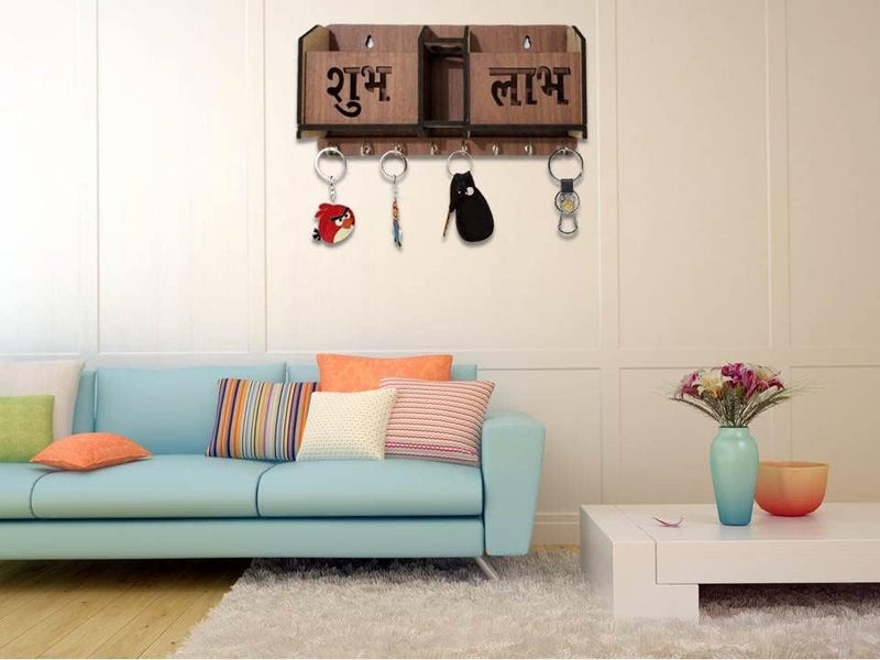 BHUMI ART BHUMI ART Shubh Labh Key Holder Unique Designer 2 Pocket Pen and Mobile Stand Stainless Steel 8 Hooks Wooden Key Holder for Home Key Stand for Wall Key Organizer for Office Hall Decoration  - Image 3