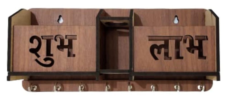 BHUMI ART BHUMI ART Shubh Labh Key Holder Unique Designer 2 Pocket Pen and Mobile Stand Stainless Steel 8 Hooks Wooden Key Holder for Home Key Stand for Wall Key Organizer for Office Hall Decoration  - Image 1