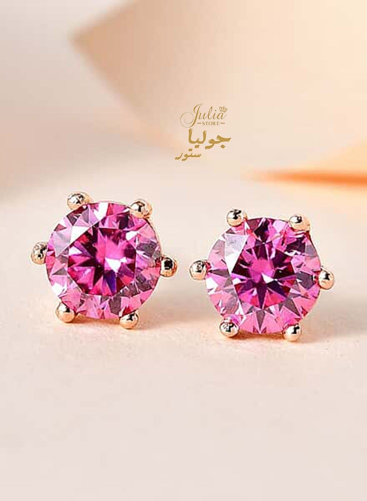 Julia Store 18K Gold Plated Stainless Steel Pink Cubic Zirconia Stud Sparkling Princess Cut Birthstone Stud Earrings for Women Birthday Jewelry  - Image 1