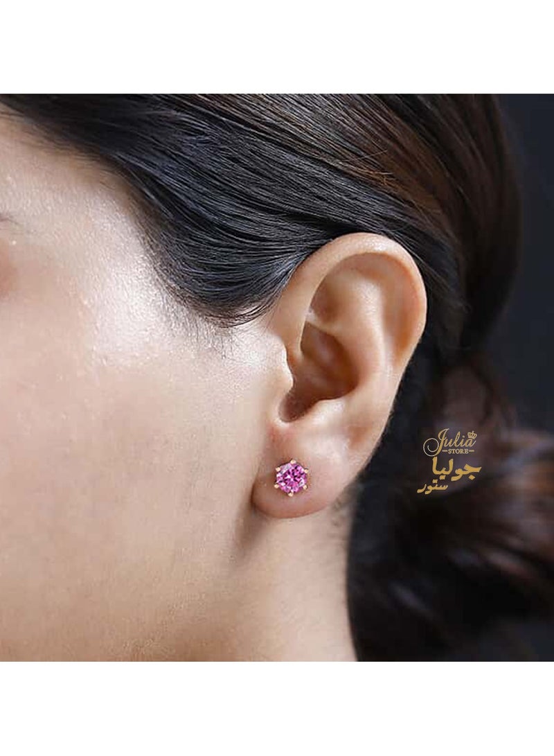 Julia Store 18K Gold Plated Stainless Steel Pink Cubic Zirconia Stud Sparkling Princess Cut Birthstone Stud Earrings for Women Birthday Jewelry  - Image 5