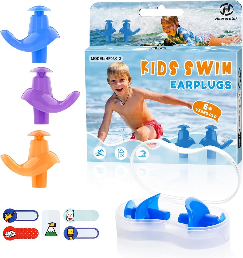 Hearprotek Swimming Ear Plugs, 3 Pairs Soft Waterproof Reusable Earplugs for Swimming Showering Bathing and Other Water Sports Suitable for 6+ Kids(Blue/Orange/Purple) - Image 1