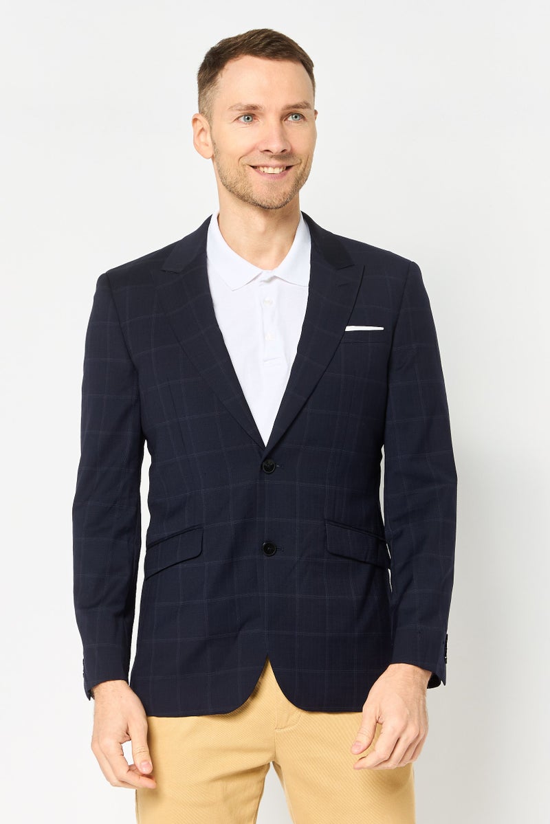 SELECTED Men Regular Fit Plaid Semi Formal Blazer, Navy - Image 1