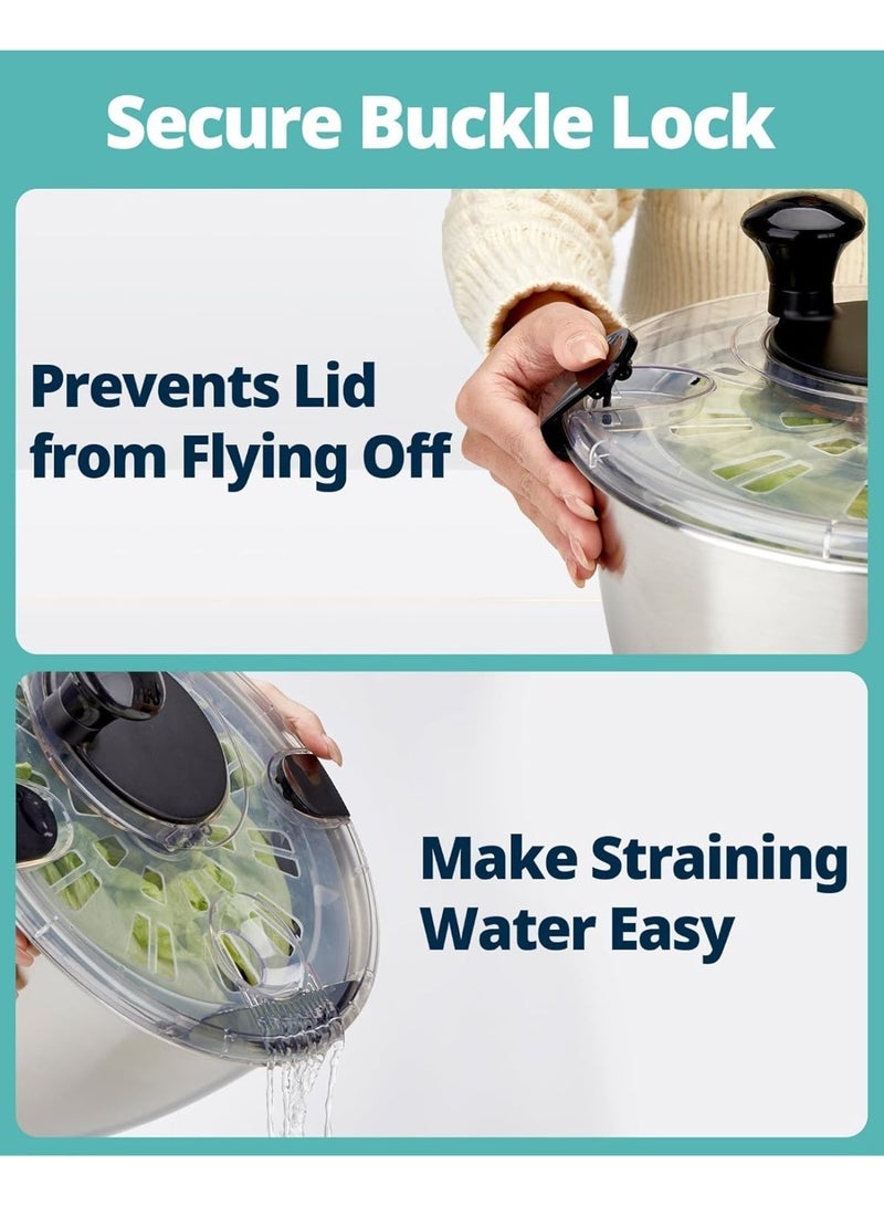 NIUB Stainless Steel Salad Spinner, 5L Large Lettuce Dryer, BPA-Free Vegetable & Fruit Washer with Drain, Easy Clean, Non-Slip Base, Transparent Lid - Image 4