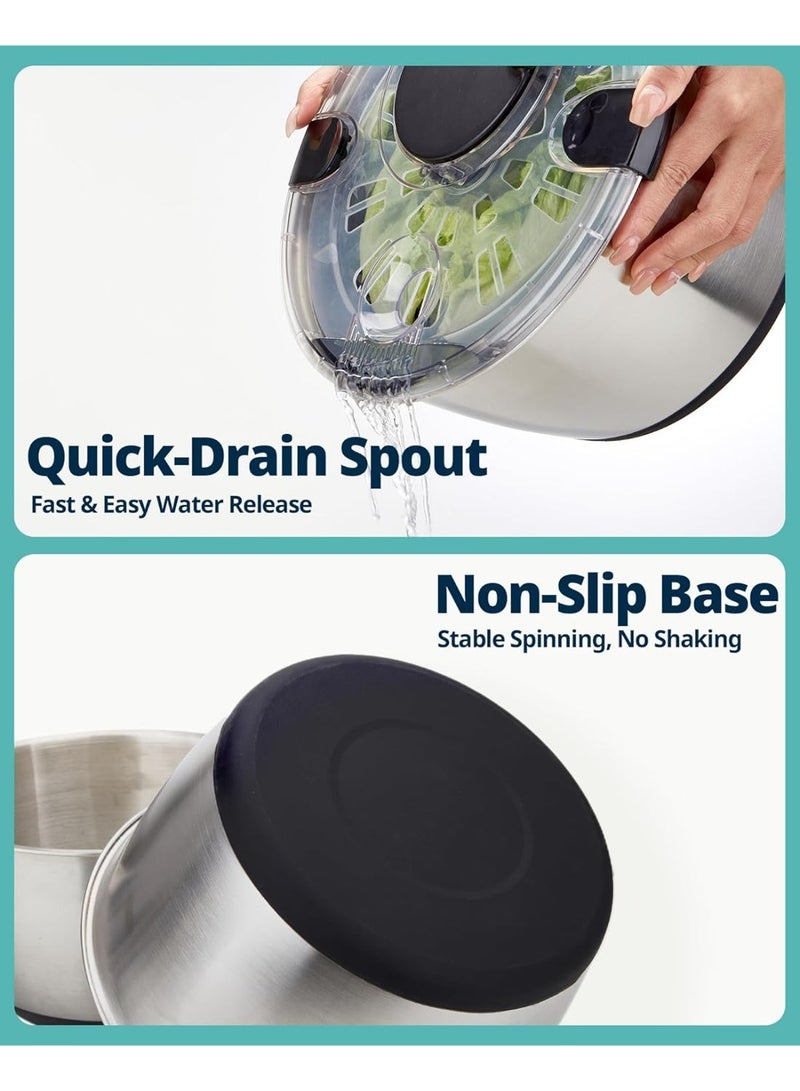 NIUB Stainless Steel Salad Spinner, 5L Large Lettuce Dryer, BPA-Free Vegetable & Fruit Washer with Drain, Easy Clean, Non-Slip Base, Transparent Lid - Image 5