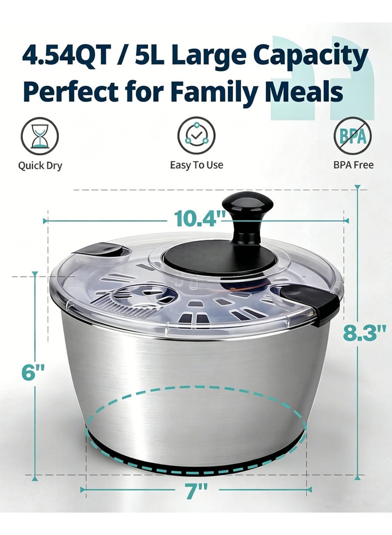 NIUB Stainless Steel Salad Spinner, 5L Large Lettuce Dryer, BPA-Free Vegetable & Fruit Washer with Drain, Easy Clean, Non-Slip Base, Transparent Lid - Image 3