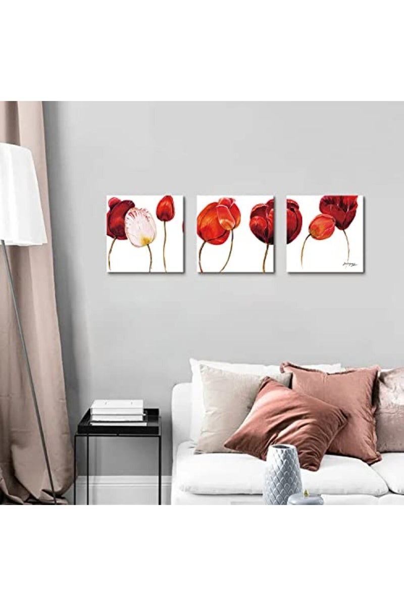 sunfrower ALAYRA Red Poppy Wall Art Living Room Decor Burnt Orange Flowers Canvas Painting for Bedroom Home Decorations Abstract Elegant Floral Pictures Posters Modern Simple Life Blossom Prints Artwork 12x12" 3 Pcs - Image 2