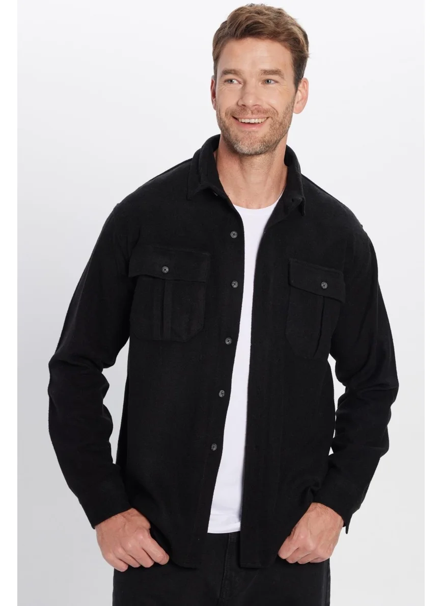 Tudors Men's Relax Fit Casual Cut Lumberjack Double Pocket Buttoned Plain Black Winter Shirt