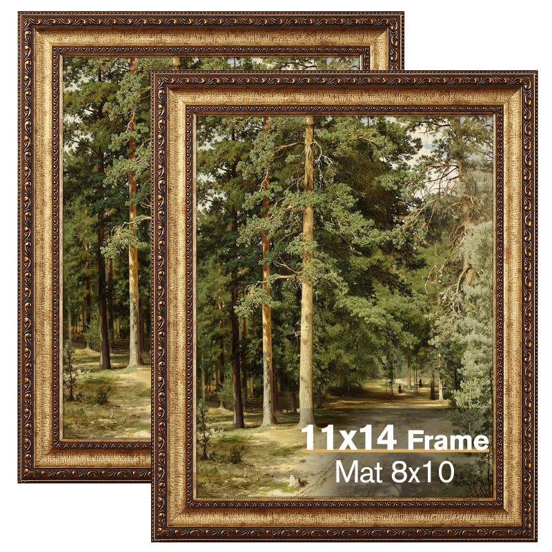 Splinterix 11x14 Gold Picture Frame, 2 Pack Ornate Vintage Picture Frames for Wall or Tabletop Display, 11 x 14 Photo Frame Gold with Real Glass, Display Poster 8x10 with Mat or 11x14 without Mat for Antique DÃ©co - Image 1