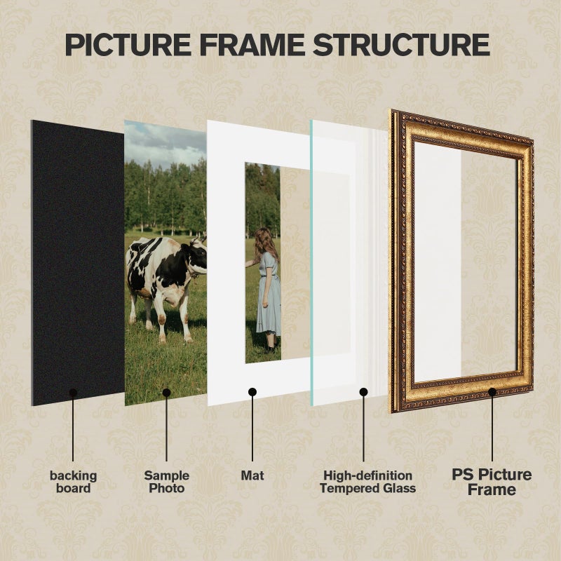 Splinterix 11x14 Gold Picture Frame, 2 Pack Ornate Vintage Picture Frames for Wall or Tabletop Display, 11 x 14 Photo Frame Gold with Real Glass, Display Poster 8x10 with Mat or 11x14 without Mat for Antique DÃ©co - Image 3