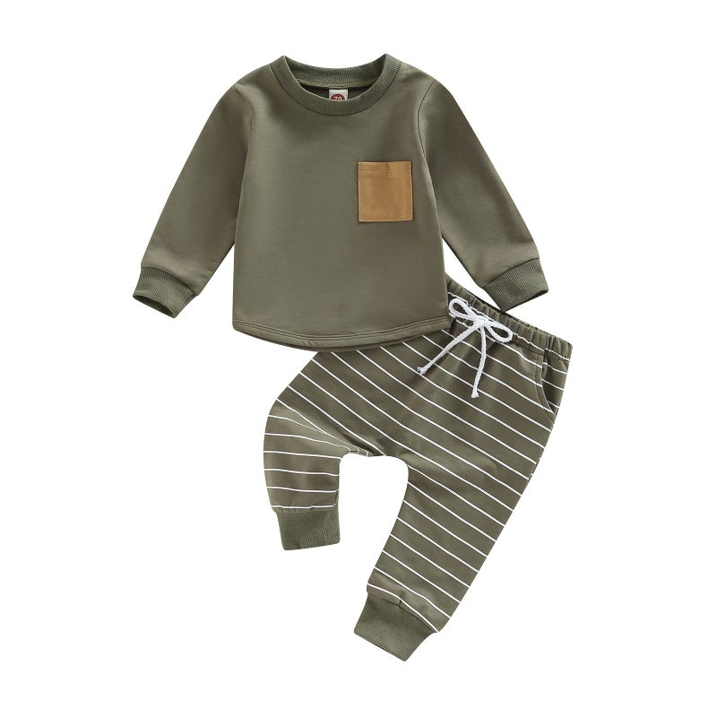 CIYCUIT Toddler Baby Boy Clothes Long Sleeve Sweatshirt Striped Pants Set 0 6 12 18 24 Months 2T 3T Fall Winter Outfits Green 0-6 Months - Image 1