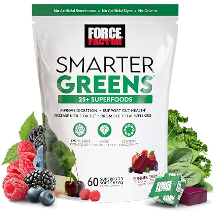 Force Factor Smarter Greens Superfood Chews, Greens and Superfoods with Probiotics, Antioxidants, and Fiber, Greens Supplement to Support Digestion, Nitric Oxide, and Energy, 60 Soft Chews - Image 1