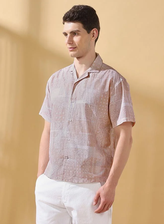 Dennis Lingo Men's Beige 100% Cotton Printed Button Down Relaxed Shirt