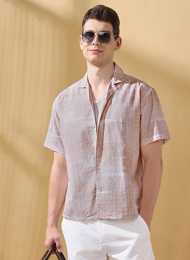 Dennis Lingo Men's Beige 100% Cotton Printed Button Down Relaxed Shirt