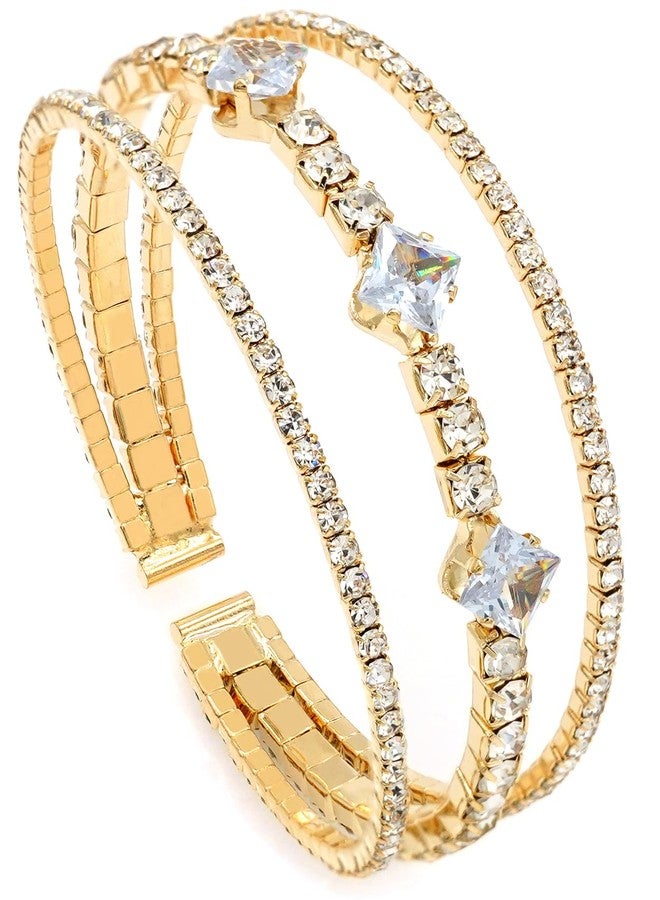 Tidefire Women's Multi-Layer Rhinestone Cuff Bracelet Sparkling Crystal Tennis Bangle for Bridal Wedding Party (1146 Gold) - Image 1