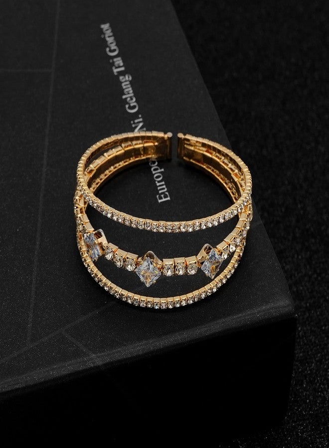 Tidefire Women's Multi-Layer Rhinestone Cuff Bracelet Sparkling Crystal Tennis Bangle for Bridal Wedding Party (1146 Gold) - Image 5