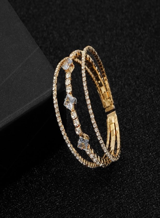 Tidefire Women's Multi-Layer Rhinestone Cuff Bracelet Sparkling Crystal Tennis Bangle for Bridal Wedding Party (1146 Gold) - Image 4