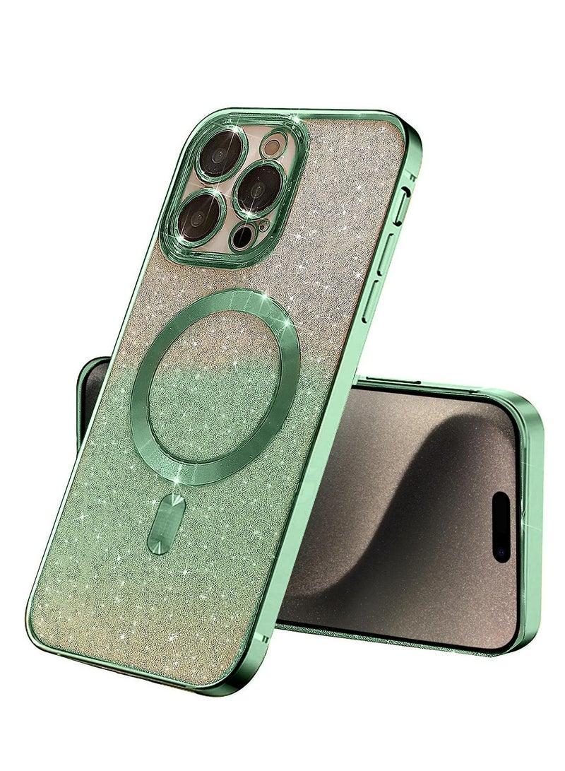 Techie Electroplated Detachable Back Film Glitter Case with Camera Lens Full Protection for Apple iPhone 15 Pro Compatible with MagSafe Wireless Charging – Green  - Image 1