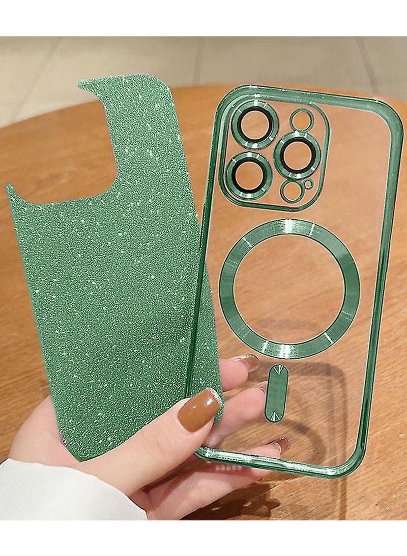 Techie Electroplated Detachable Back Film Glitter Case with Camera Lens Full Protection for Apple iPhone 15 Pro Compatible with MagSafe Wireless Charging – Green  - Image 2