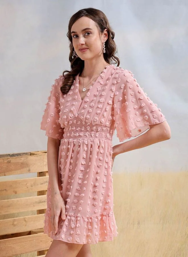 Freehand  Women Fit and Flared Textured V-Neck Short Sleeve Mini Dress for Women | Best Price UAE