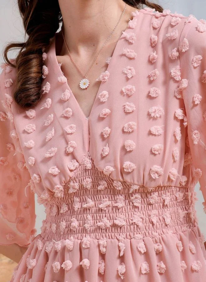 Freehand  Women Fit and Flared Textured V-Neck Short Sleeve Mini Dress for Women | Best Price UAE