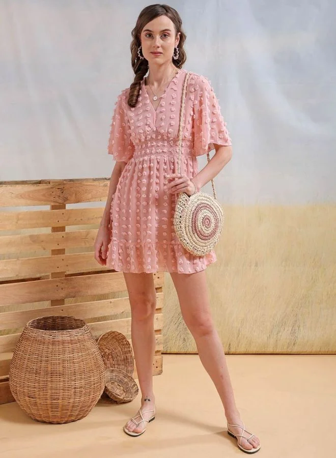 Freehand  Women Fit and Flared Textured V-Neck Short Sleeve Mini Dress for Women | Best Price UAE