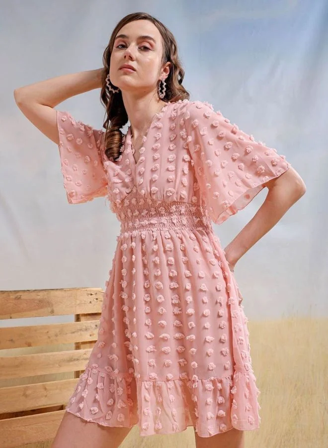 Freehand  Women Fit and Flared Textured V-Neck Short Sleeve Mini Dress for Women | Best Price UAE