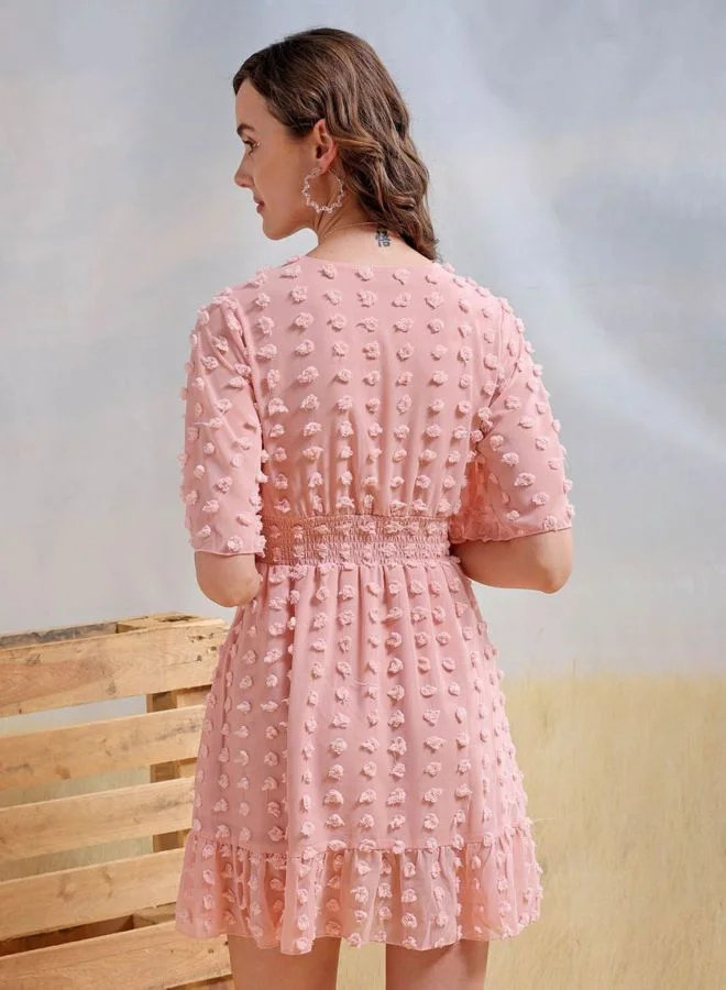 Freehand  Women Fit and Flared Textured V-Neck Short Sleeve Mini Dress for Women | Best Price UAE