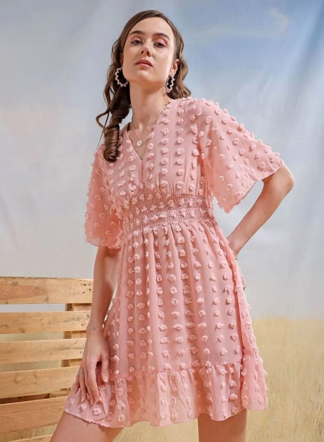 Women Fit and Flared Textured V-Neck Short Sleeve Mini Dress