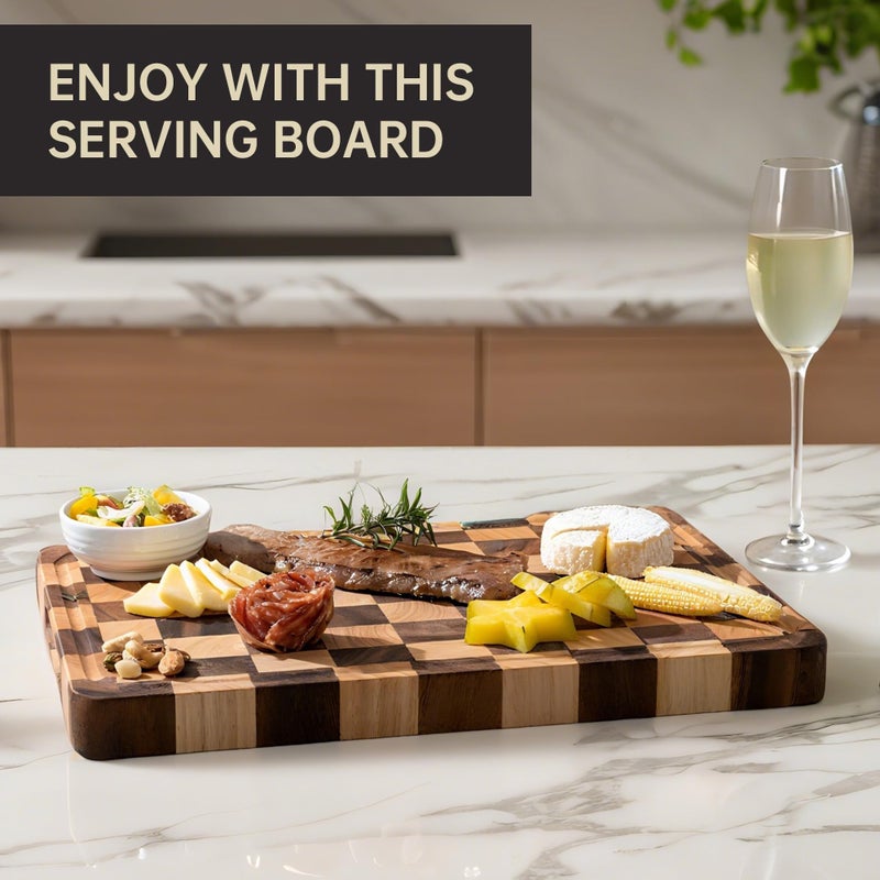 FYCTIO Cutting Boards for Kitchen, Large Acacia Wood Chopping Board, Thick Checkered Cutting Board with Juice Grooves & Handles, Charcuterie Board Butcher Block with Gift Box, 16" x 11" x 1.4" - Image 4