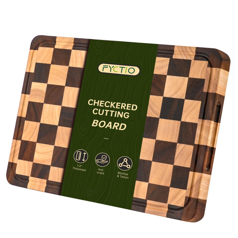 FYCTIO Cutting Boards for Kitchen, Large Acacia Wood Chopping Board, Thick Checkered Cutting Board with Juice Grooves & Handles, Charcuterie Board Butcher Block with Gift Box, 16" x 11" x 1.4" - Image 1