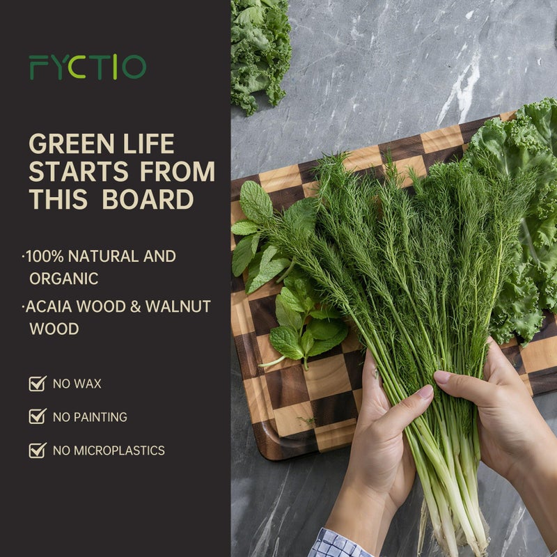 FYCTIO Cutting Boards for Kitchen, Large Acacia Wood Chopping Board, Thick Checkered Cutting Board with Juice Grooves & Handles, Charcuterie Board Butcher Block with Gift Box, 16" x 11" x 1.4" - Image 3