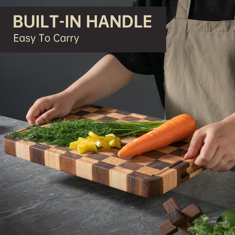 FYCTIO Cutting Boards for Kitchen, Large Acacia Wood Chopping Board, Thick Checkered Cutting Board with Juice Grooves & Handles, Charcuterie Board Butcher Block with Gift Box, 16" x 11" x 1.4" - Image 2