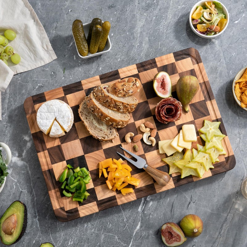 FYCTIO Cutting Boards for Kitchen, Large Acacia Wood Chopping Board, Thick Checkered Cutting Board with Juice Grooves & Handles, Charcuterie Board Butcher Block with Gift Box, 16" x 11" x 1.4" - Image 5