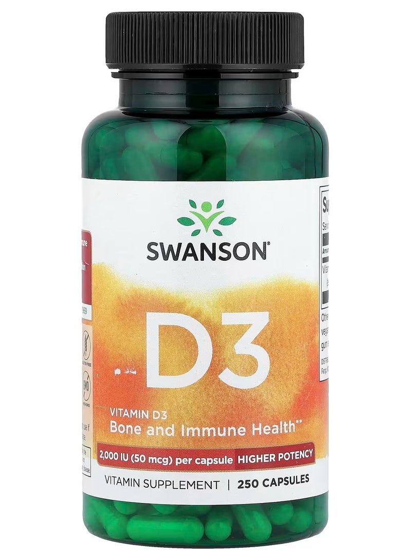 سوانسون، فيتامين د3، فعالية أعلى، 50 ميكروغرام (2000 وحدة دولية)، 250 كبسولة