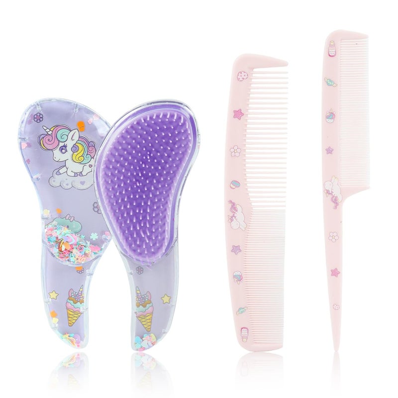 M'AYCREATE MAYCREATE® 3Pcs Girls Hair Brush Set Cute Unicorn Paddle Brush, Rat Tail Comb & 2 in 1 Styling Comb for Girls, Detangling & Hair Styling Kit - Image 1
