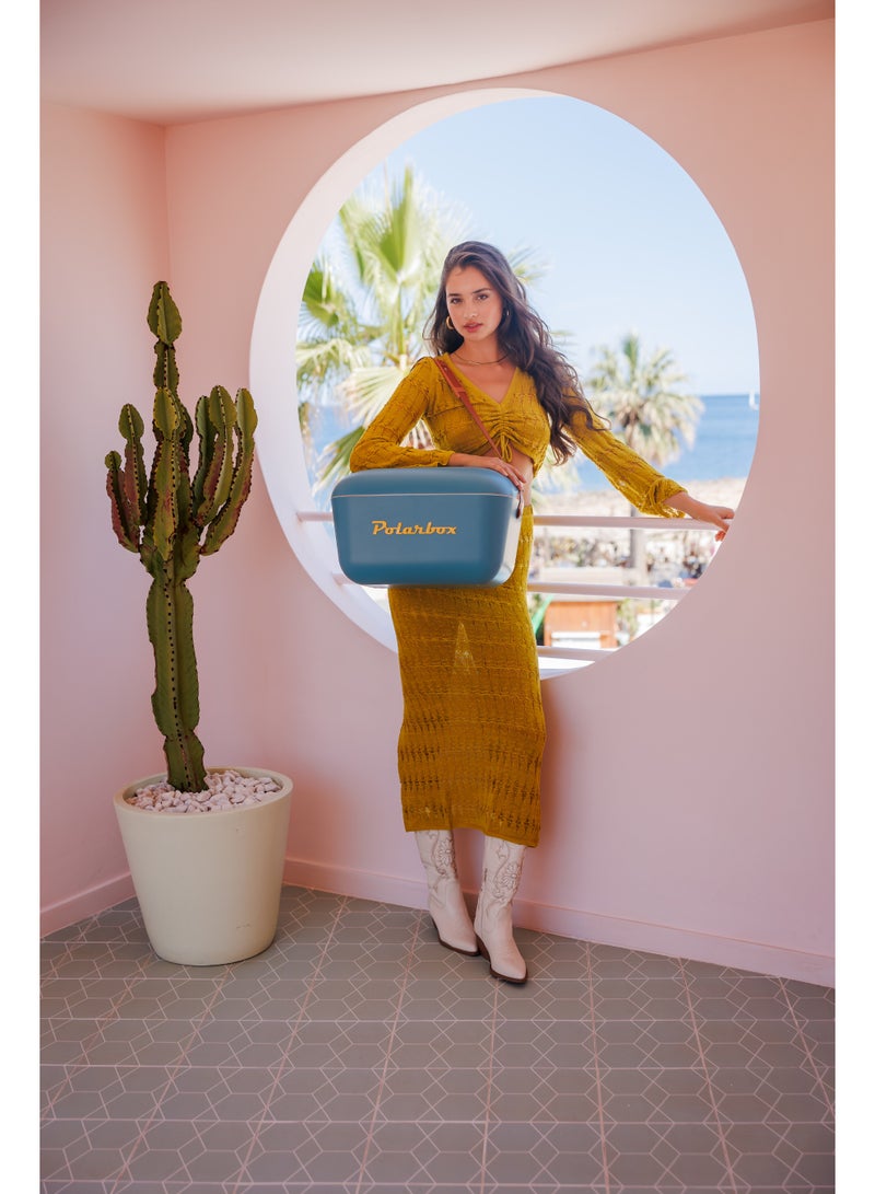 Polarbox® 12 L Ice Box - Portable, Rigid Thermal Insulated Cooler Box, For Outdoor Beach Picnic, Party Drinks & Food Use - Storage Box - Classic - Blue/Mustard Cooler with Brown Leather Strap - Image 4