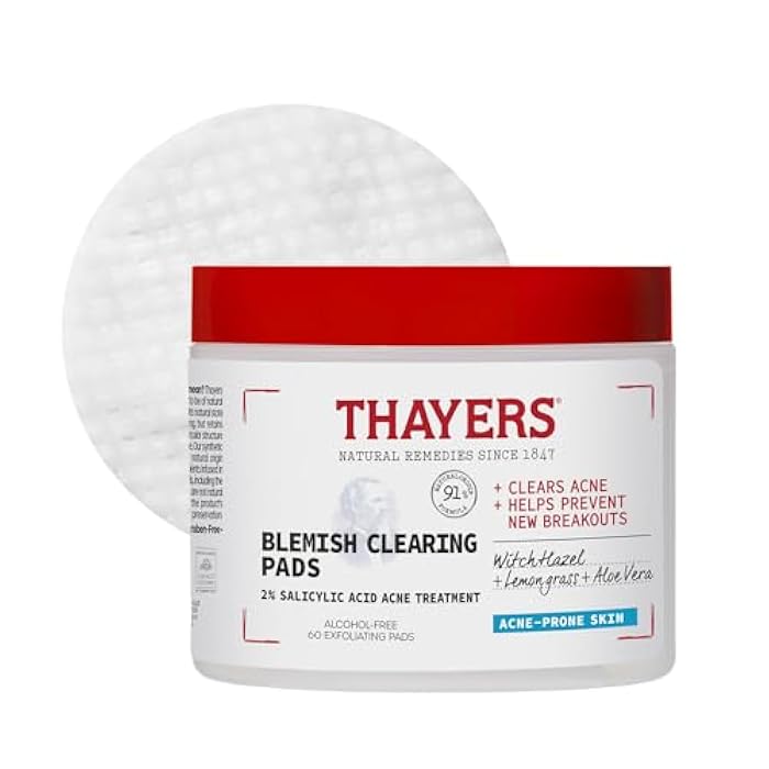 Thayers Blemish Clearing Acne Pads, Salicylic Acid Acne Treatment for Face, Pore Reducing, Exfoliating, and Soothing Skincare, Witch Hazel Toner Pads, 60 Ct - Image 1