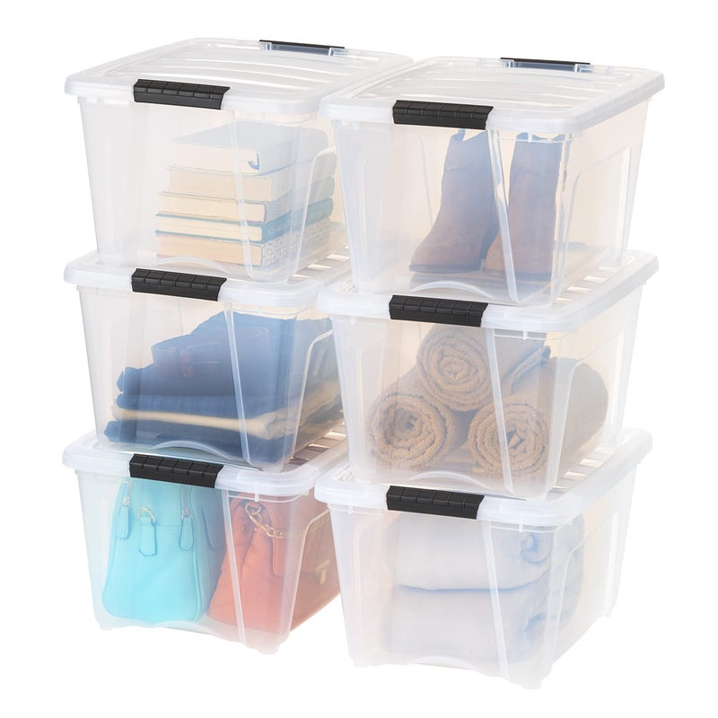 IRIS USA 32 Qt Stackable Plastic Storage Bins with Lids 6 Pack  BPAFree Made in USA  SeeThrough Organizing Solution Latches Durable Nestable Containers Secure Pull Handle  Clear