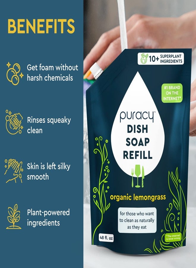 Puracy Natural Dish Soap Refill - Skin-Softening Plant-Based Liquid Dishwashing Detergent Soap, Clean-Rinsing Water-Sheeting Formula (Organic Lemongrass, 48 fl oz) - Image 2